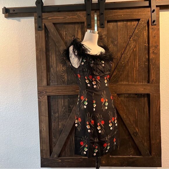 New Rixofloral-print feather-trim dress Sz-2 USA - Picture 8 of 15